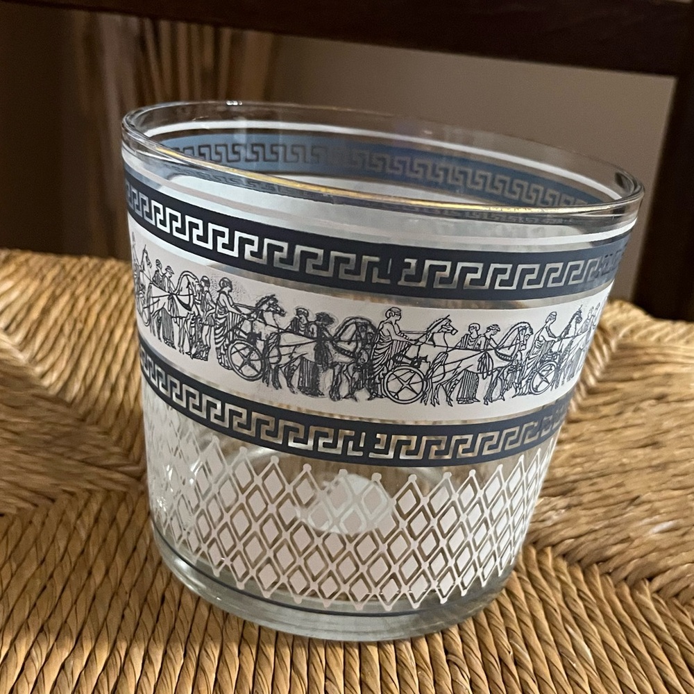 Vintage 1950s Jeanette Glass Ice Bucket, Wedgwood Chariot Design Patrician Key